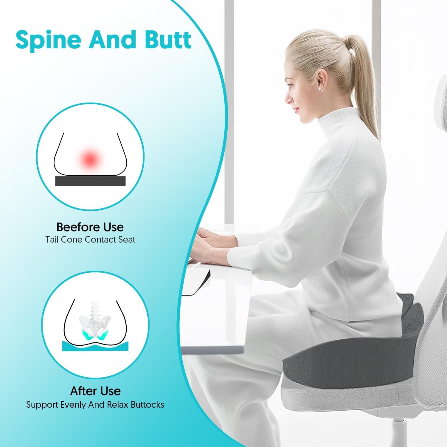 Memory Form Seat Cushion for Pressure Relief, Tailbone Sciatica & Back Pain Relief Pillow, Ergonomic Office Chair Cushions for Long Sitting for Computer Desk, Gaming Chair, Car Seat