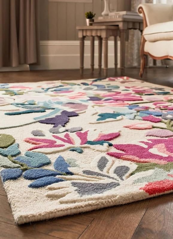 10x14 Ft Hand Tufted Wool Area Rug, Colorful Floral Multicolor Botanical Pattern on Ivory Base, Premium Handmade Carpet for Living Room Bedroom Home Décor