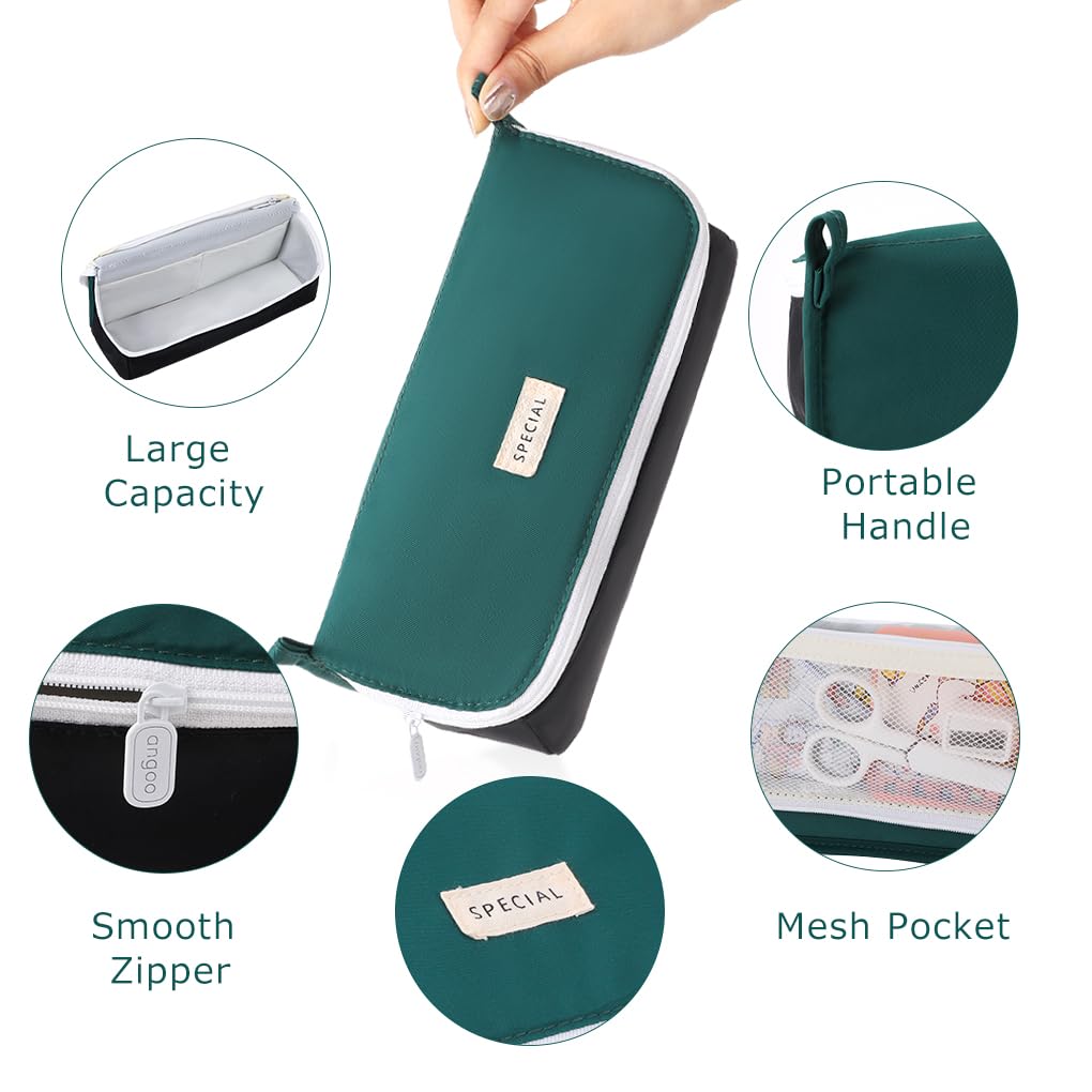 Oyachic Wide Open Pencil Case Flip-Top Large Pencil Pouch Pen Holder Bag Office Stationery Asthetic Supply Organizer Marker Zipper for Adults (Green) - Image 3
