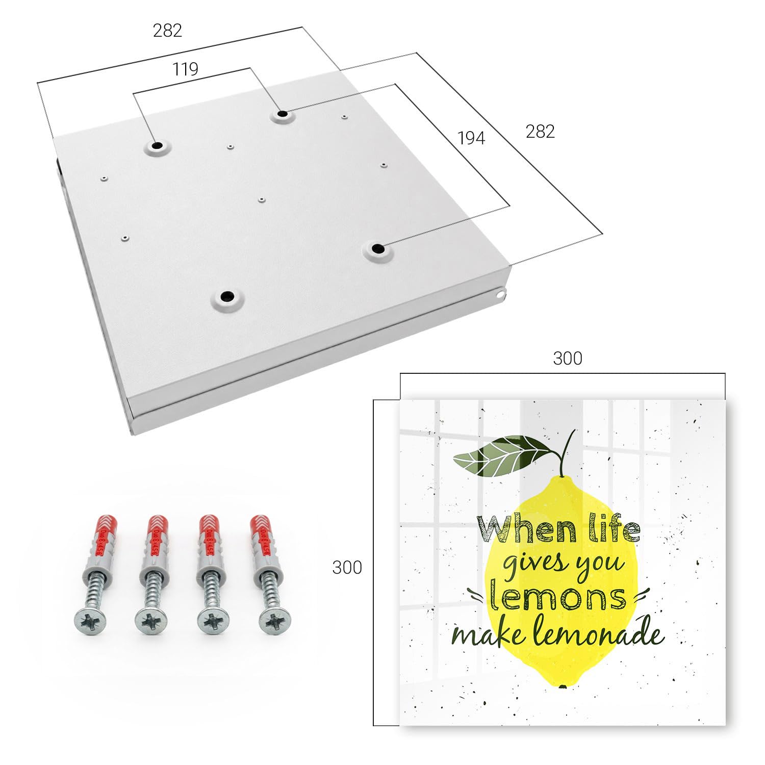 Tulup Armario de Llaves 30x30 cm | Blanco | Izquierda | Montaje en Pared | Motivo de limón | de Metal | Frente Decorativo de Cristal | Kit de Montaje Incluido | Organizador | 50 Ganchos