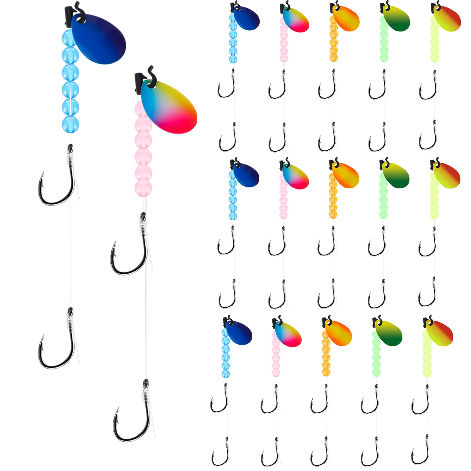 15 Pack Walleye Rigs Kit 47 Inch 15lb Fishing Lure Making Kit Mono Crawler Harness Walleye Float Rig Double Hook Rig Colorado Spinner Octopus Hooks for Freshwater Trolling
