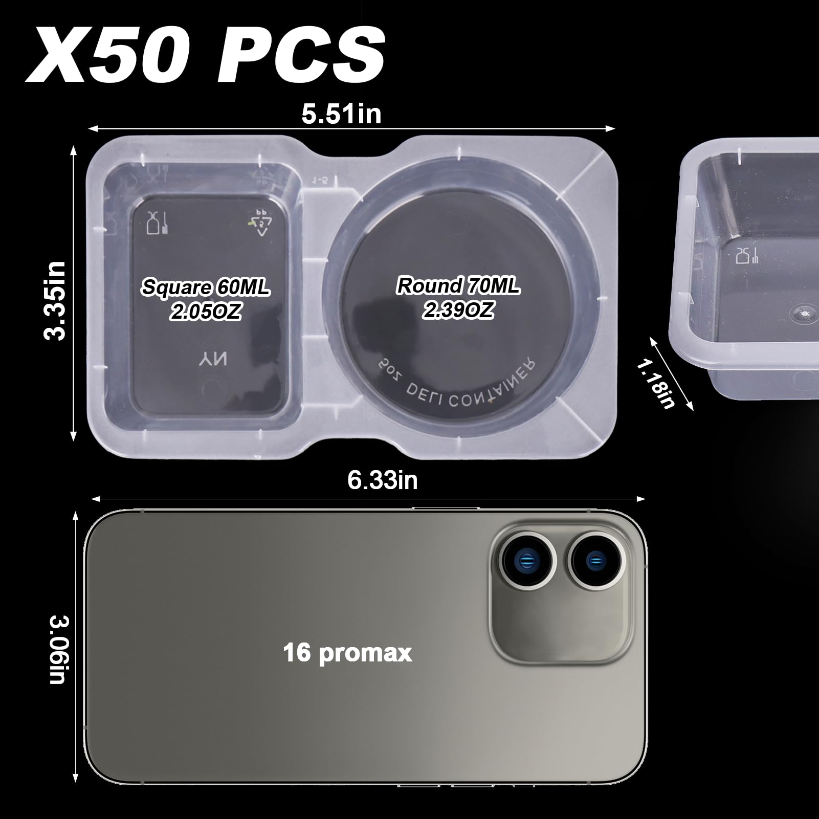 Lot de 50 récipients à condiments à double compartiment avec couvercles, jetables à 2 compartiments en plastique transparent pour les voyages