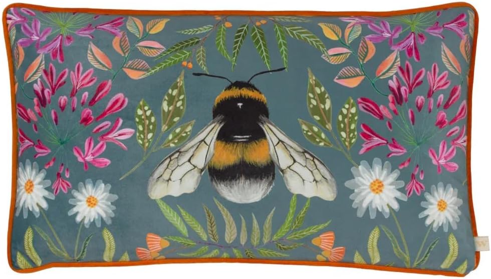 Wylder Nature House Of Bloom Zinnia Bee Cushion Cover – Floral Botanical Bumblebee Design (Grey – 30 x 50cm)
