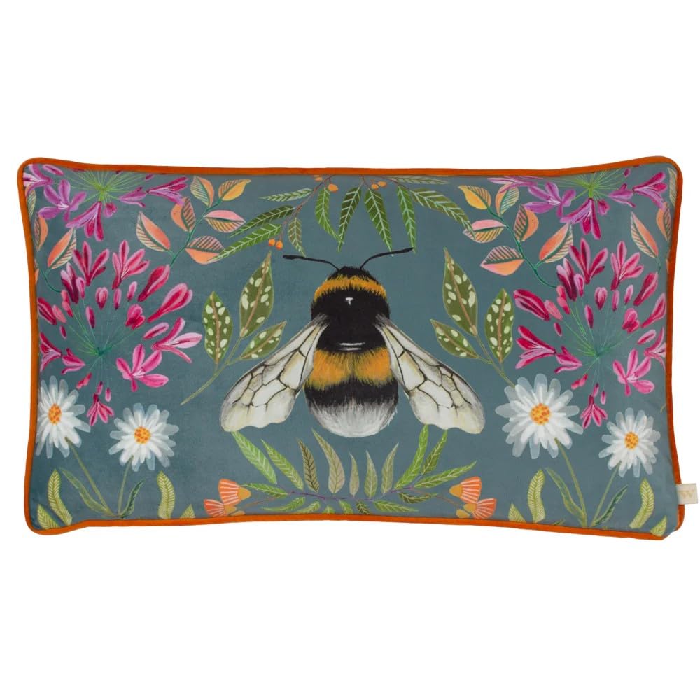 Wylder Nature House Of Bloom Zinnia Bee Cushion Cover – Floral Botanical Bumblebee Design (Grey – 30 x 50cm)