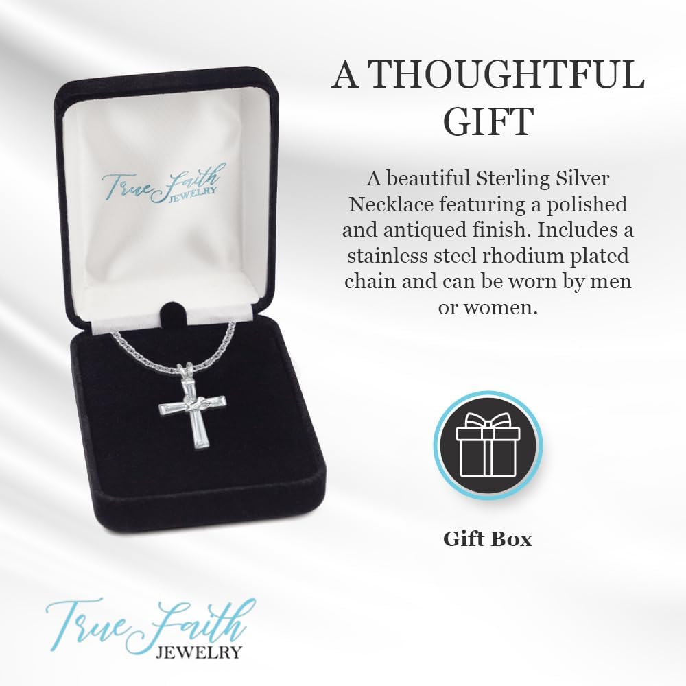 True Faith Jewelry Sterling Silver Cross with Holy Dove Necklace Pendant with Rhinestone Baguette Crystal Stones Religious Jewelry, 1 1/8 Inch