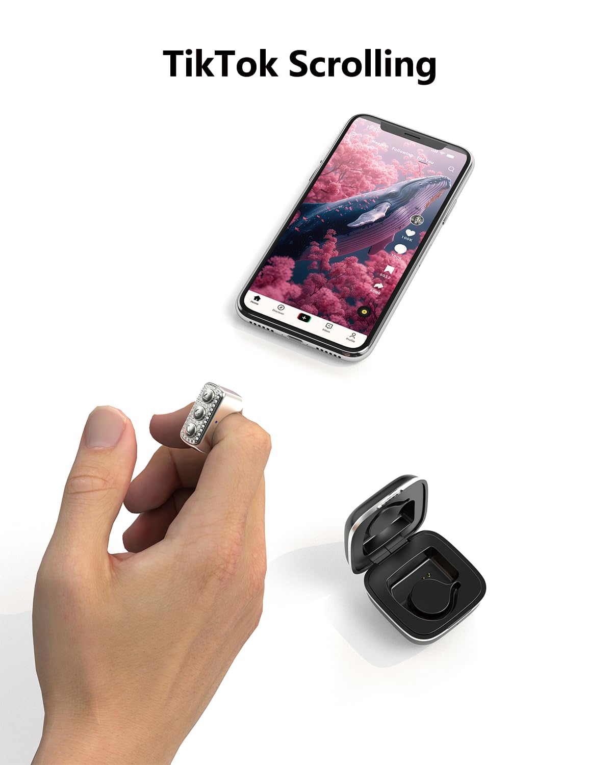 TikTok Scrollring mit Bling Diamant, Kindle App Page Turner Telefon Fernbedienung, Bluetooth Controller für Kamera Fernbedienung, Musiksteuerung, Ring für iPhone, iPad, iOS, Android (Weiß)