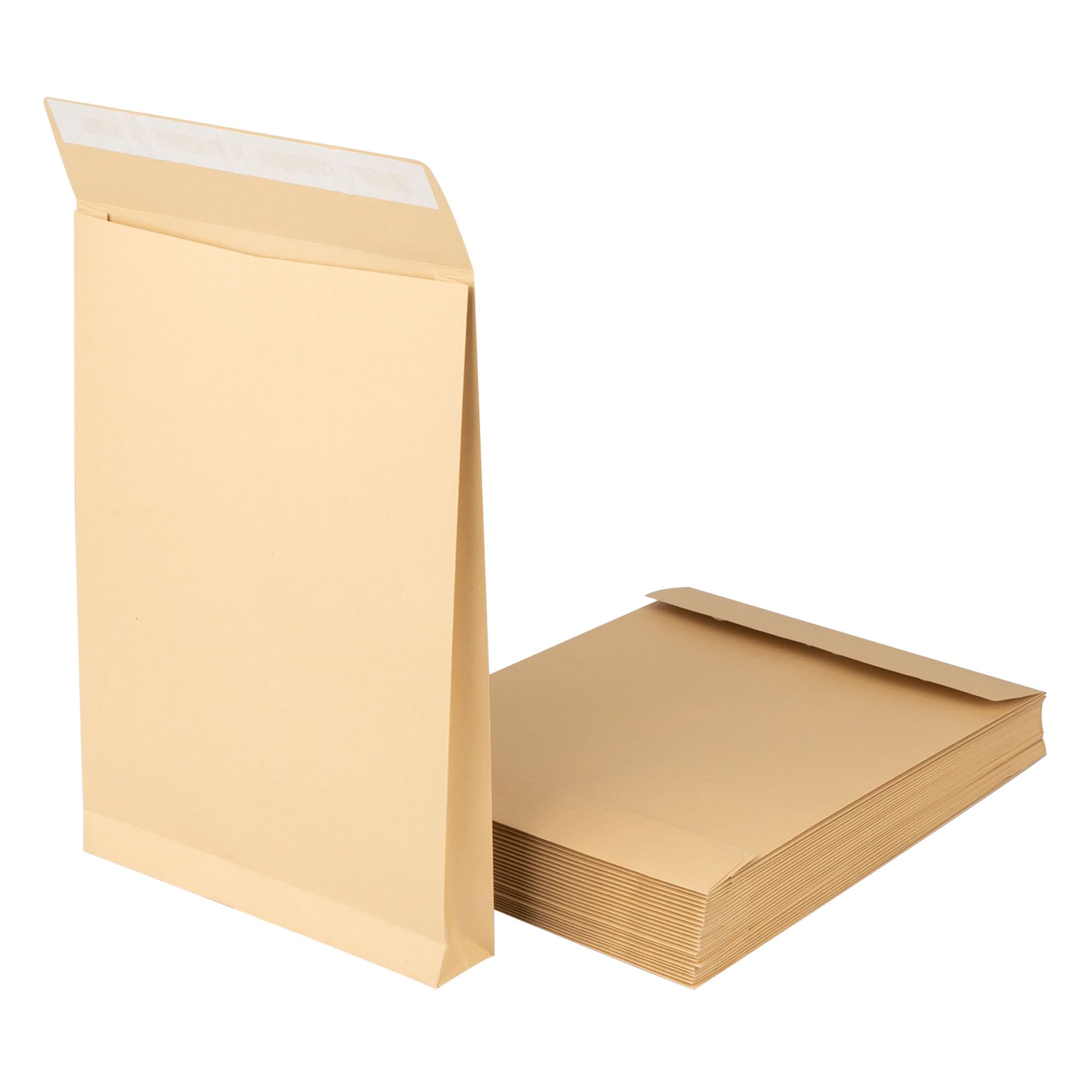 Lot de 250 enveloppes C4 avec soufflet de fond de 3,8 cm, épaisseur du matériau 150 g/m², bande autocollante, emballage d'enveloppe d'expédition, marron
