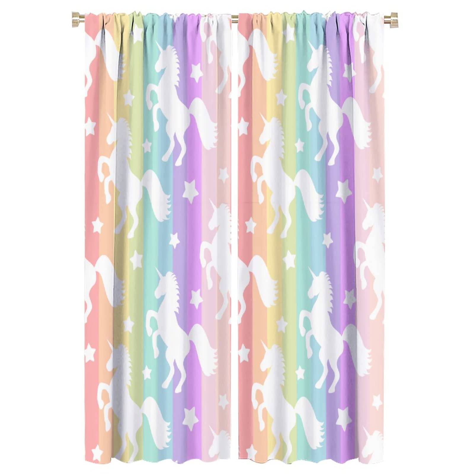 Rainbow Curtains for Living Room, Colorful Rainbow Unicorns & Stars Stripes Decor Window Treatments Kids Baby Girls Bedroom Curtain,Fantasy Style Home Decor Blackout Drapes 2 Panel Set W42xL63in