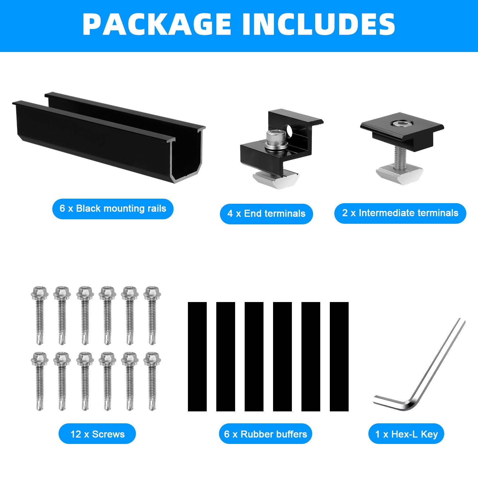 Support de Panneau Solaire pour 2 Modules, Rails Profilés en Aluminium de 12cm + Pince Réglable pour Modules de 30 à 35mm D'épaisseur, Kit de Montage pour Toit Plat, Trapézoïdal, Toit en Tôle