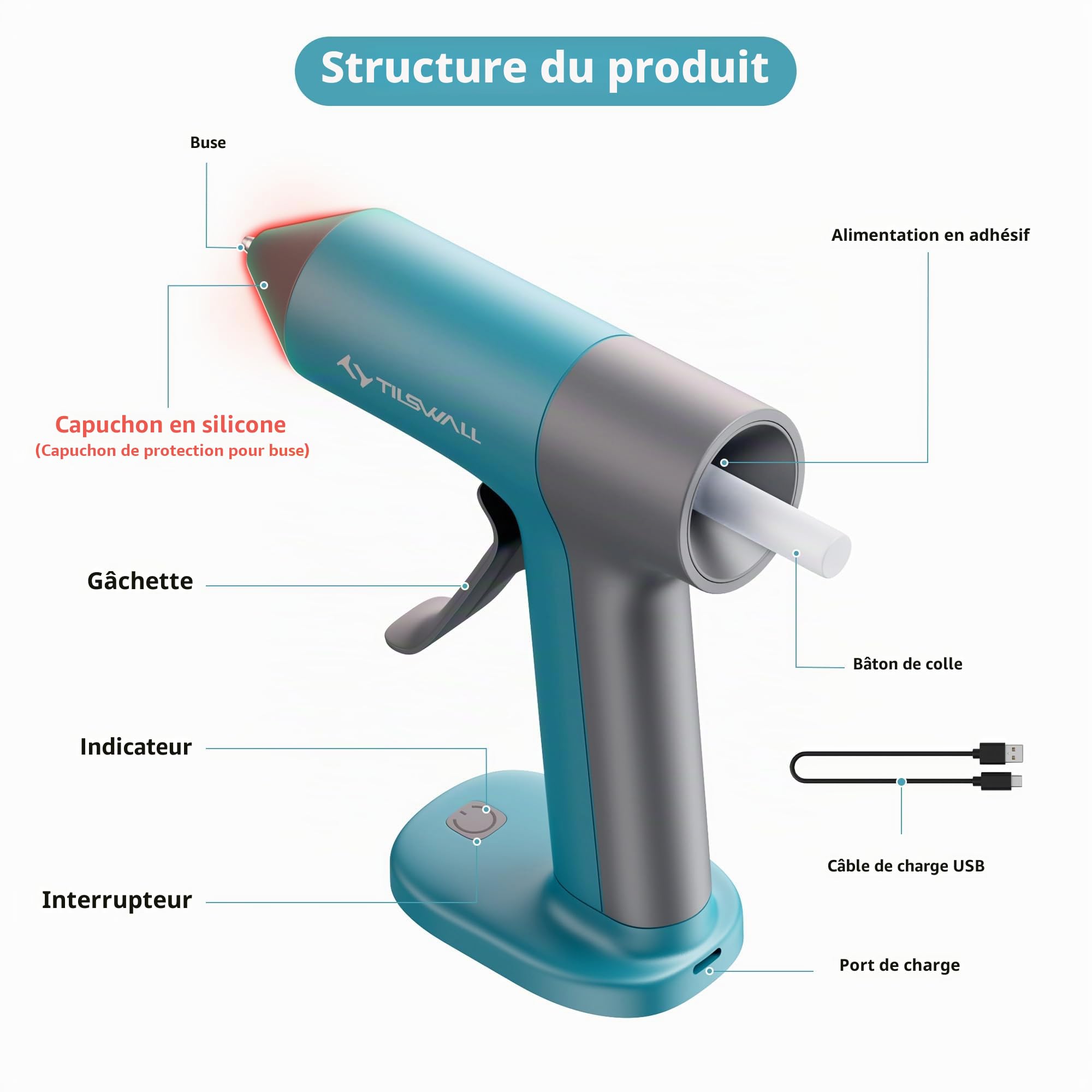 Pistolet à Colle Sans Fil Tilswall - 30s Préchauffage Rapide, Batterie 2Ah Intégrée, USB-C, Arrêt Intelligent - Idéal Bricolage, Loisirs Créatifs et Petites Réparations, Bleu