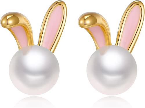 Easter Rabbit Pearl Earrings Dainty Studs Bunny Carrot Cute Animal