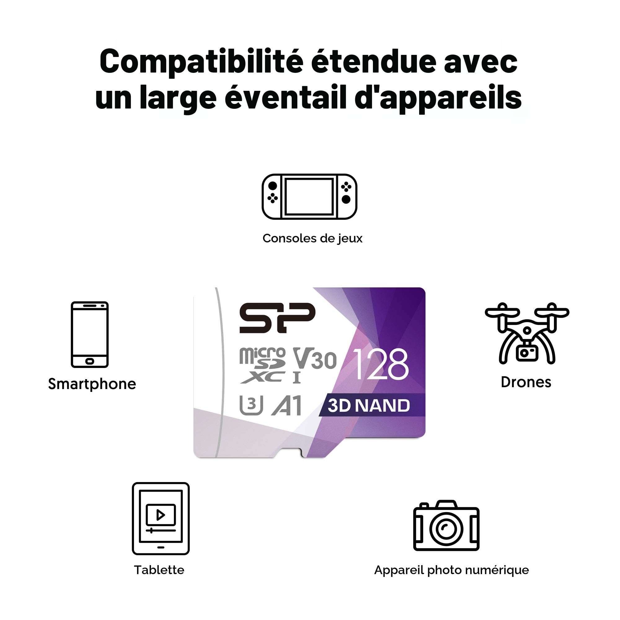 SP Silicon Power Carte mémoire microSDXC UHS-3 128 Go FBE-SU128GBSTXDU3V20EU