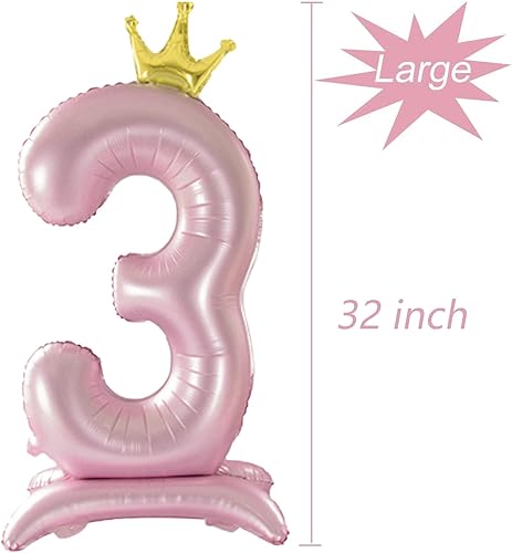 Miniatura 2 de Tellpet Globo rosa con corona número 3 con base para decoración de fiesta de tercer cumpleaños de niñas