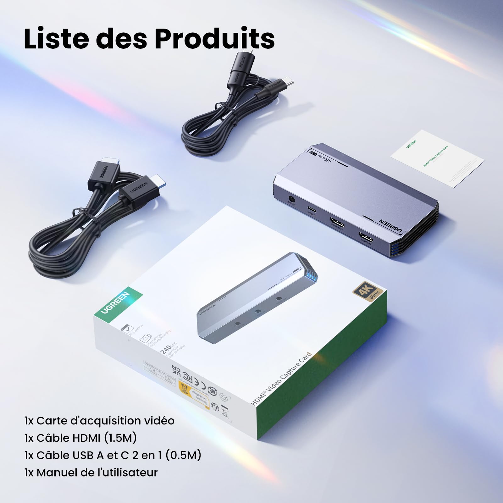 UGREEN Carte de Capture Vidéo HDMI USB C 3.1 4K 60Hz Entrée Enregistrement | Carte Acquisition HDMI 4K 60Hz Streaming Jack 3.5mm Casque Microphone Compatible avec Switch PS5 PS4 MacBook PC iPad Caméra