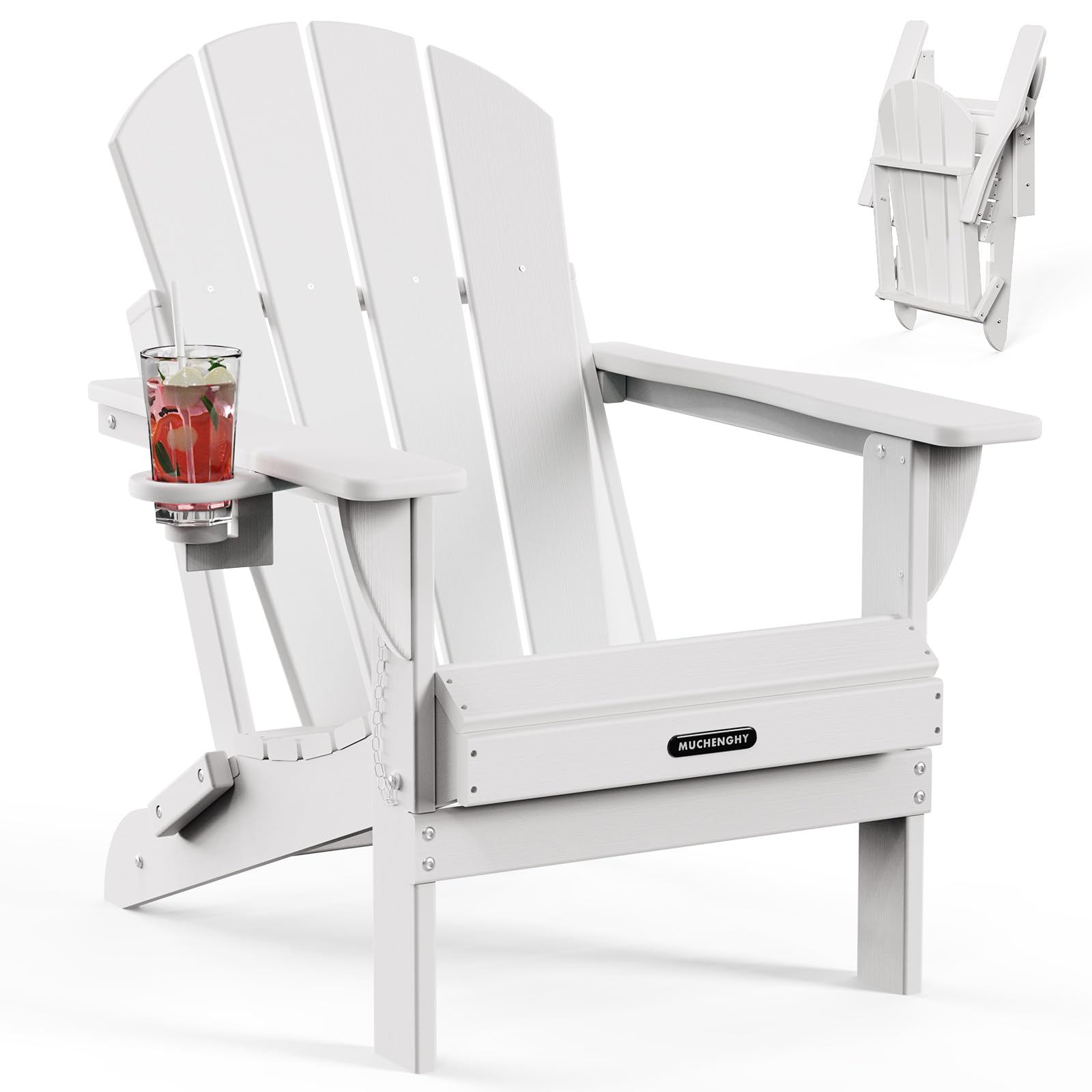 MUCHENGHY Folding Adirondack Chairs, Patio Chairs, Lawn Chairs, Outdoor Chairs, Adirondack Chair Plastic, Fire Pit Chairs, Weather Resistant with Cup Holder for Deck, Backyard, Garden(White)