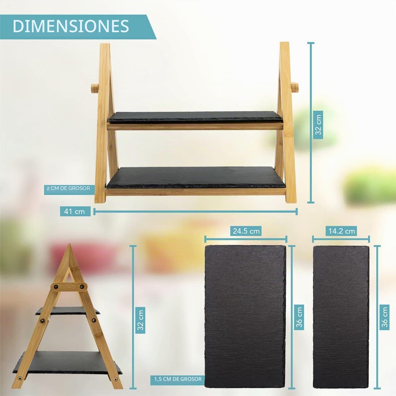 HEFTMAN Soporte Bandeja Pasteles Pizarra de 2 Niveles - Bandeja Pisos Rústica Plegable - Negra/Madera Tablas para Picoteo para Sushi, Postre, Pasteles, Queso, Tapas, Carnes, Antipasti (32 cm x 41 cm)