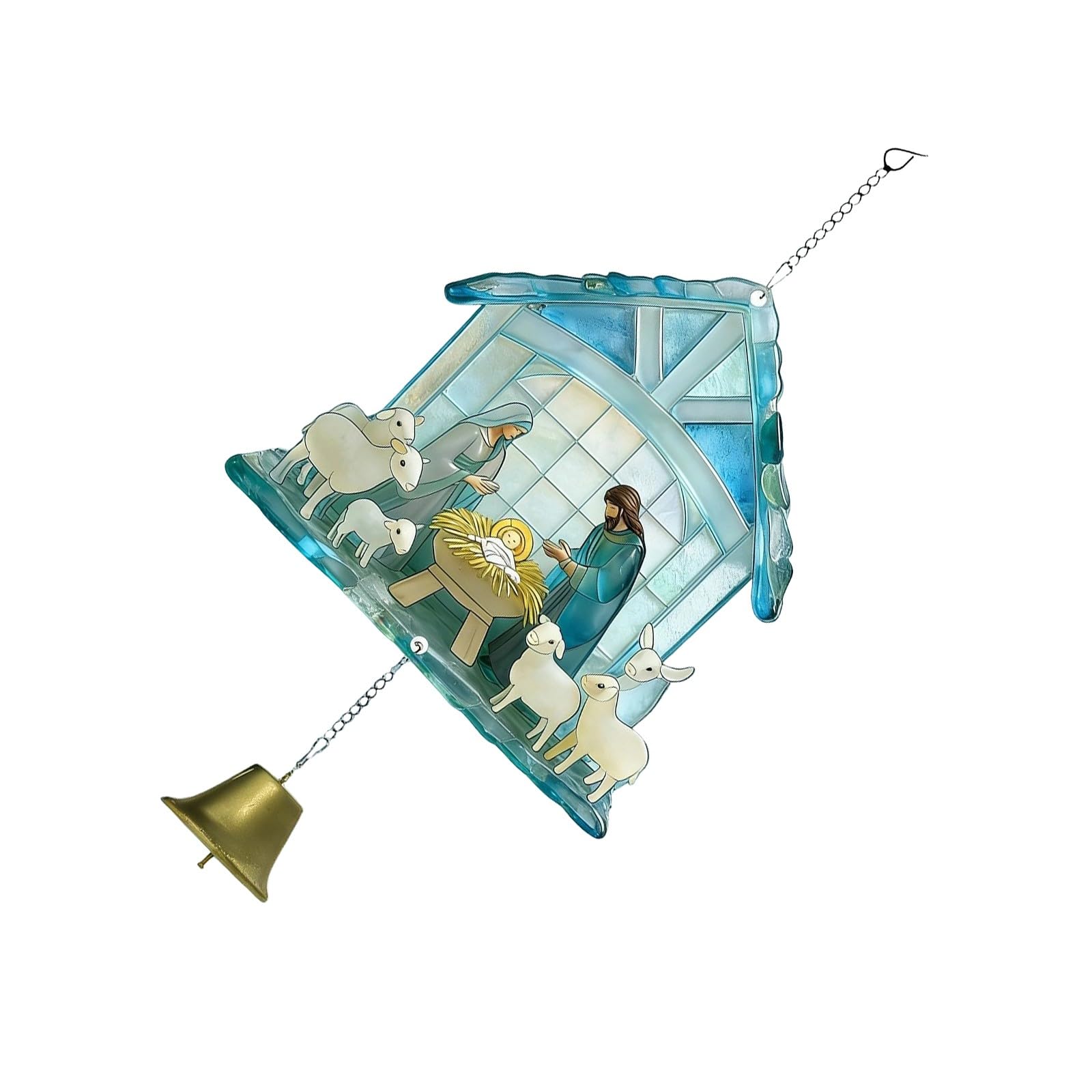 2D Flat Acrylic Nativity Scene Wind Chimes Window Hanging Ornament with Bells Religious Manger Scene Christmas Decoration Wall Hanging Ornament