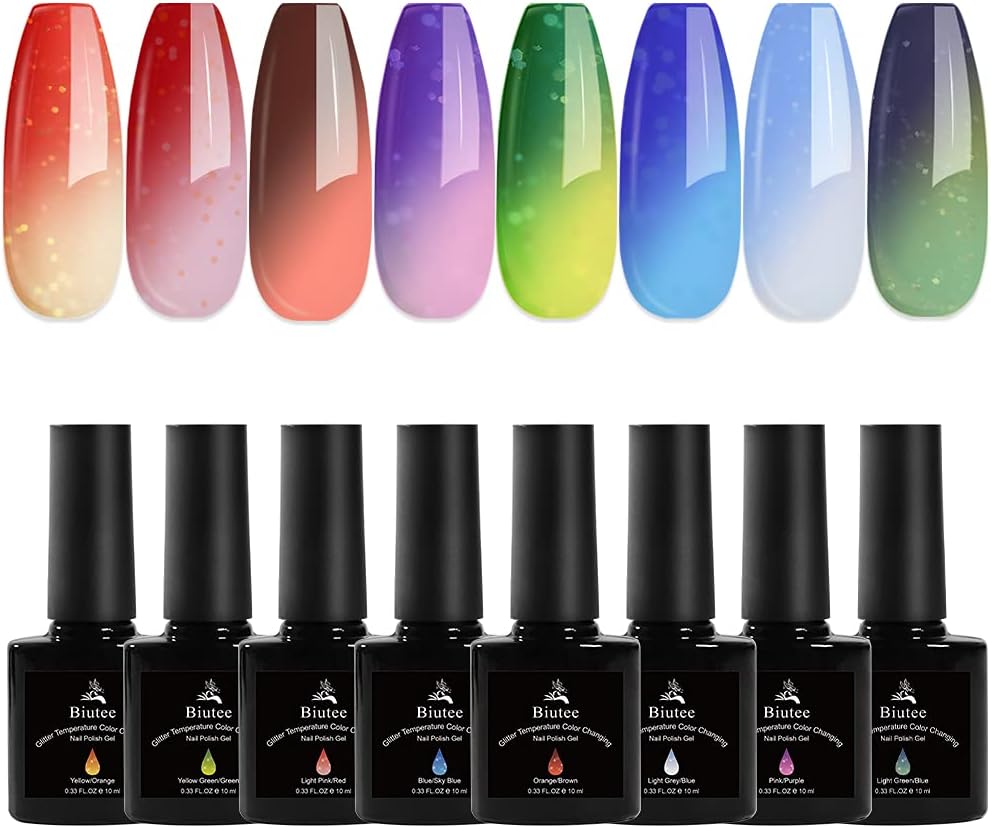 Biutee Nail Polish Gel Set 8 Colors Glitter Temperature Color Changing Gel 0.33 Oz Glitter Gel Polish Soak Off UV LED Nail Polish Set