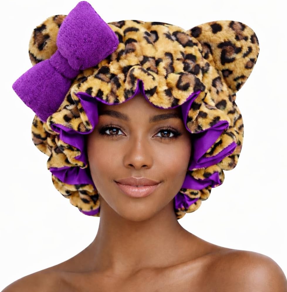 Cute Plush Animal Ear Hair Bonnet for Women - Warm Silky Satin Lined Sleep Cap for Curly Hair. Cat, Bear, and Leopard Designs (Purple Leopard)