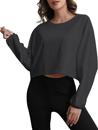 Womens Cropped Sweatshirt Loose Fit Workout Tops - Crewneck Pullover Long Sleeve Casual Fashion Sweaters