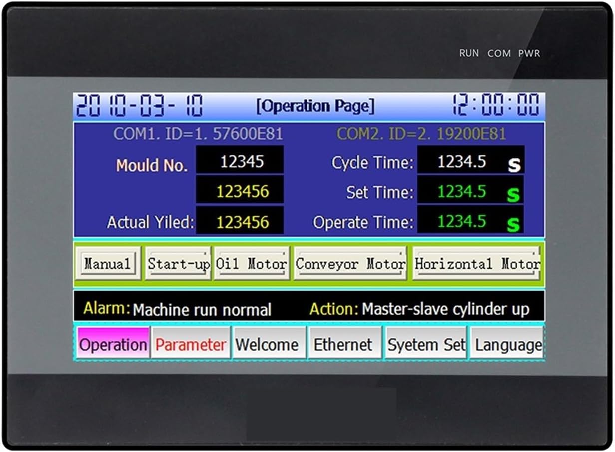 Front view of the F2I3K0Z1 HMI PLC displaying an English operation page with various input fields, buttons, and status indicators.