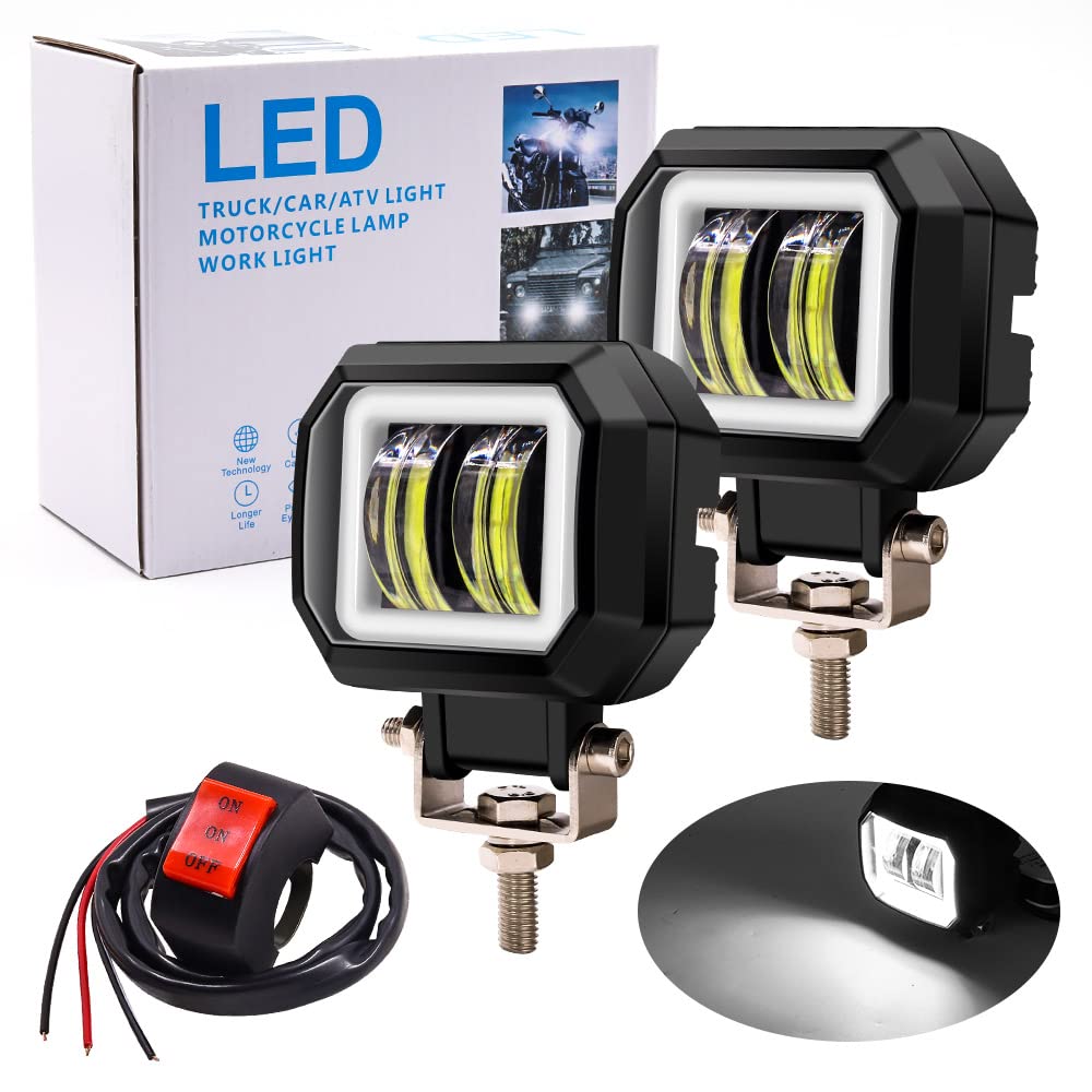Biqing 2PCS Feux Additionnels Moto avec Vert Angel Eye,Carré de 3 Pouces 20W Phare LED Moto Avant 12V/24V Phare de Travail Brouillard Feux de Jour de Motos DRL Avec Interrupteur 22mm