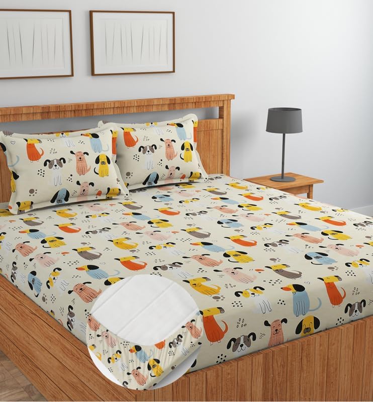 Image of RD FABS Glace Cotton Wrinkle Free Soft Hypoallergenic Elastic Fitted Cartoon Printed Bedsheet for Kids with 2 Pillow Covers, Double Bed, 78 x 72 Inches (Fits up to 8 Inch), Beige Dog, 300 TC
