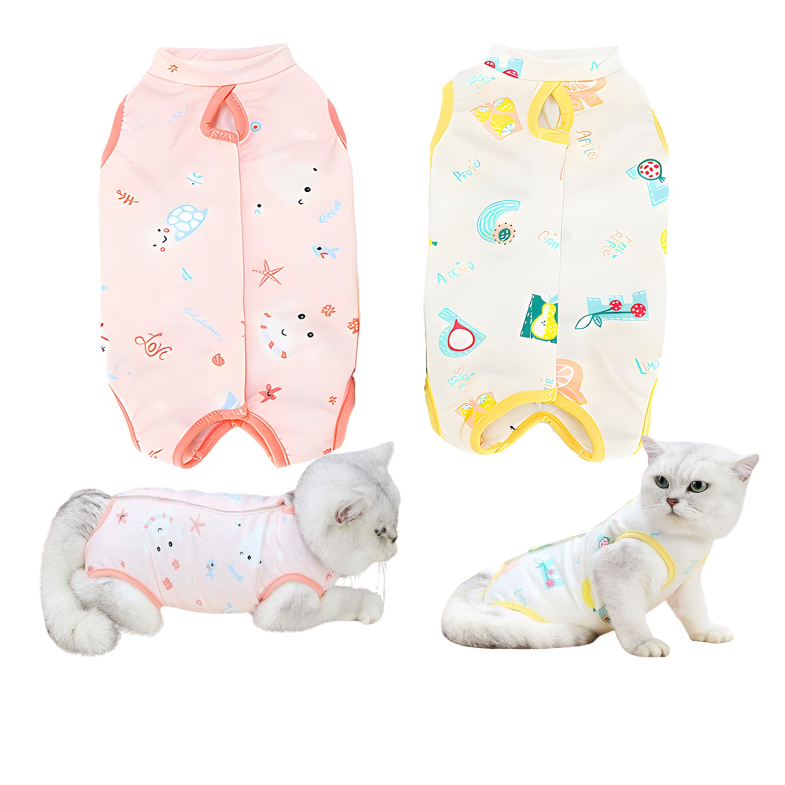 YEVTAHT 2 Pieces Cat Recovery Suit for Abdominal Wounds or Skin Diseases,Professional E-Collar Alternative After Surgery Wear Anti Licking Wounds for Cats/Dogs (Star Pink,Yellow M(3.3LB-5.5LB))