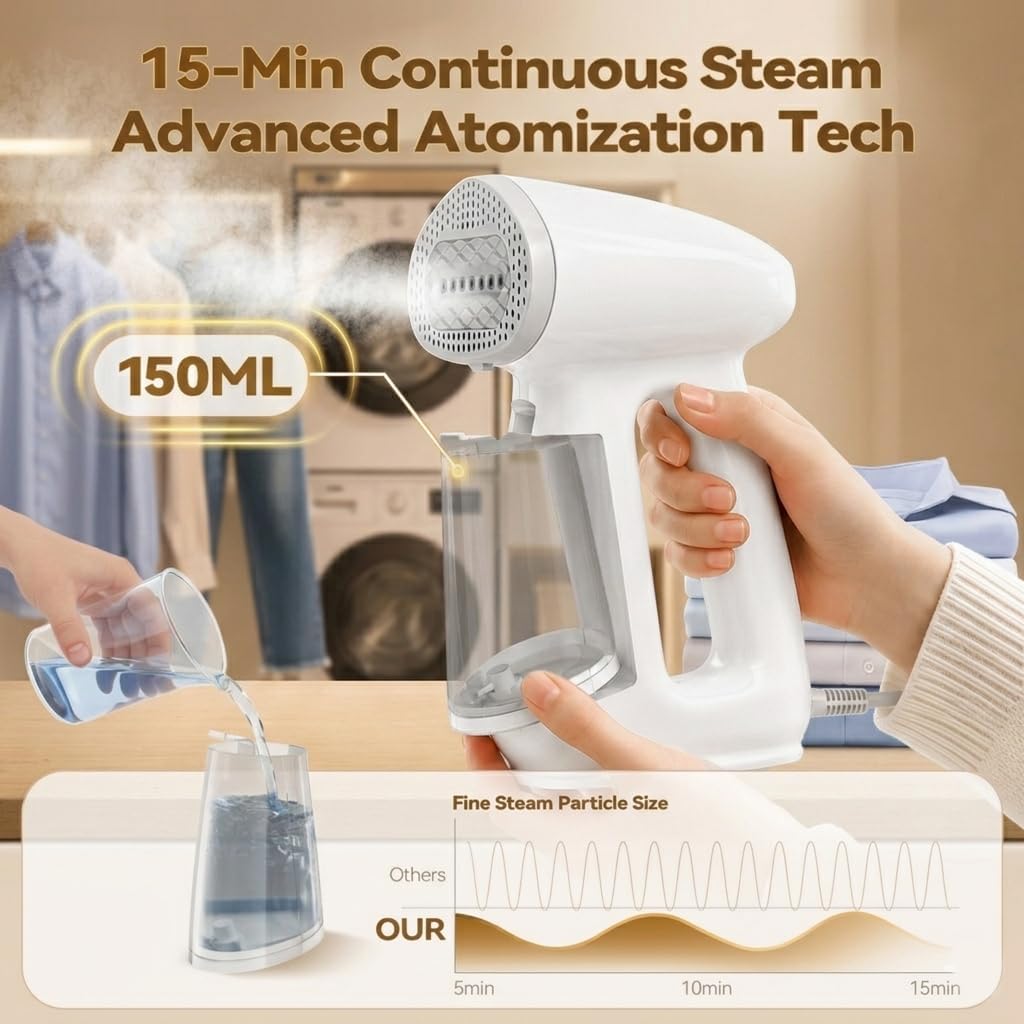 Vacuum Steamer for Clothes, Handheld Garment Steamer, 3500Pa Suction | One-Handed, No Water Stains, Adjustable Suction & Steam Modes, 20S Heat, Auto Shutoff, Delicate Fabric Safe, 110-120V