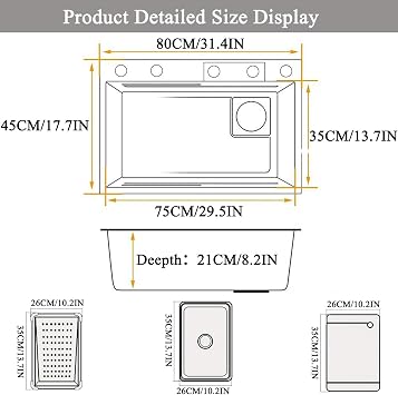 Waterfall Stainless Steel Kitchen Bar Sink, Nano Single Bowl, Multi-function Workstation, 2 Drain Baskets, Cutting Board, Cup Washer, Soap Dispenser, 80x45x22cm, Undermount Installation