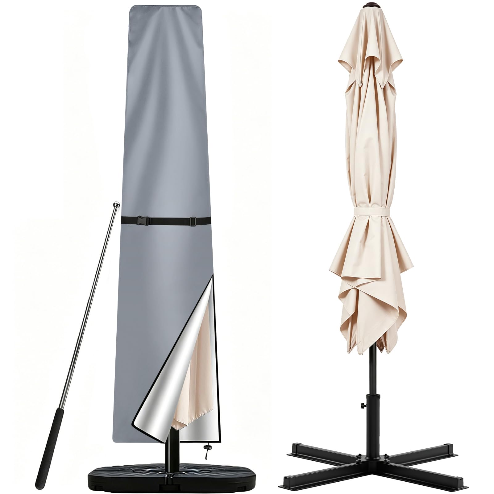 Teynewer Grey Parasol Cover Waterproof, Garden Cantilever Umbrella Cover,