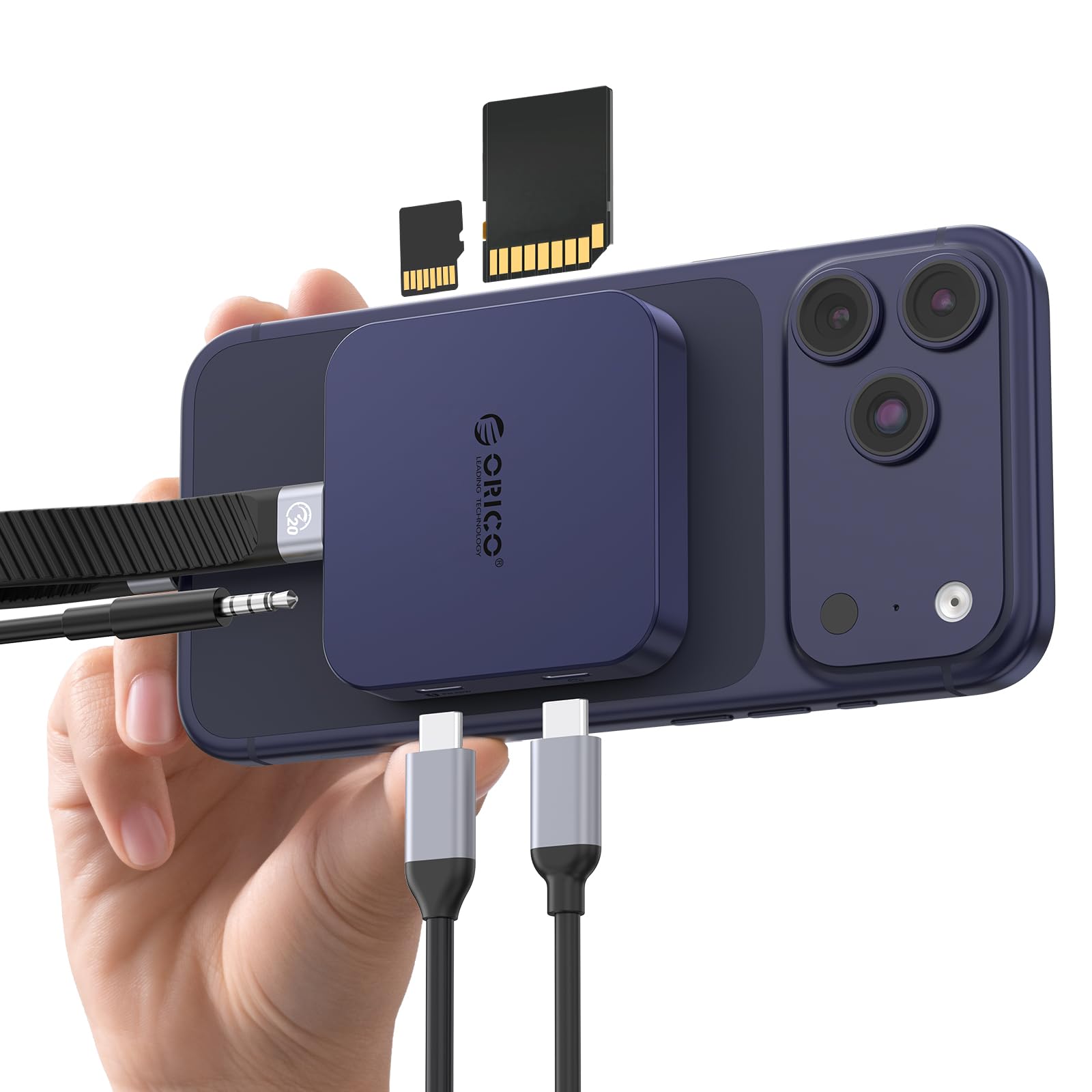 ORICO Lettore di schede SD magnetico con ricarica PD 100W, SD/TF 3.0, velocità di trasferimento dati 104 MB/s, Card Reader Compatibile con iPhone 17/16/15, iPad Pro e MacBook (Blu, 6 IN 1)