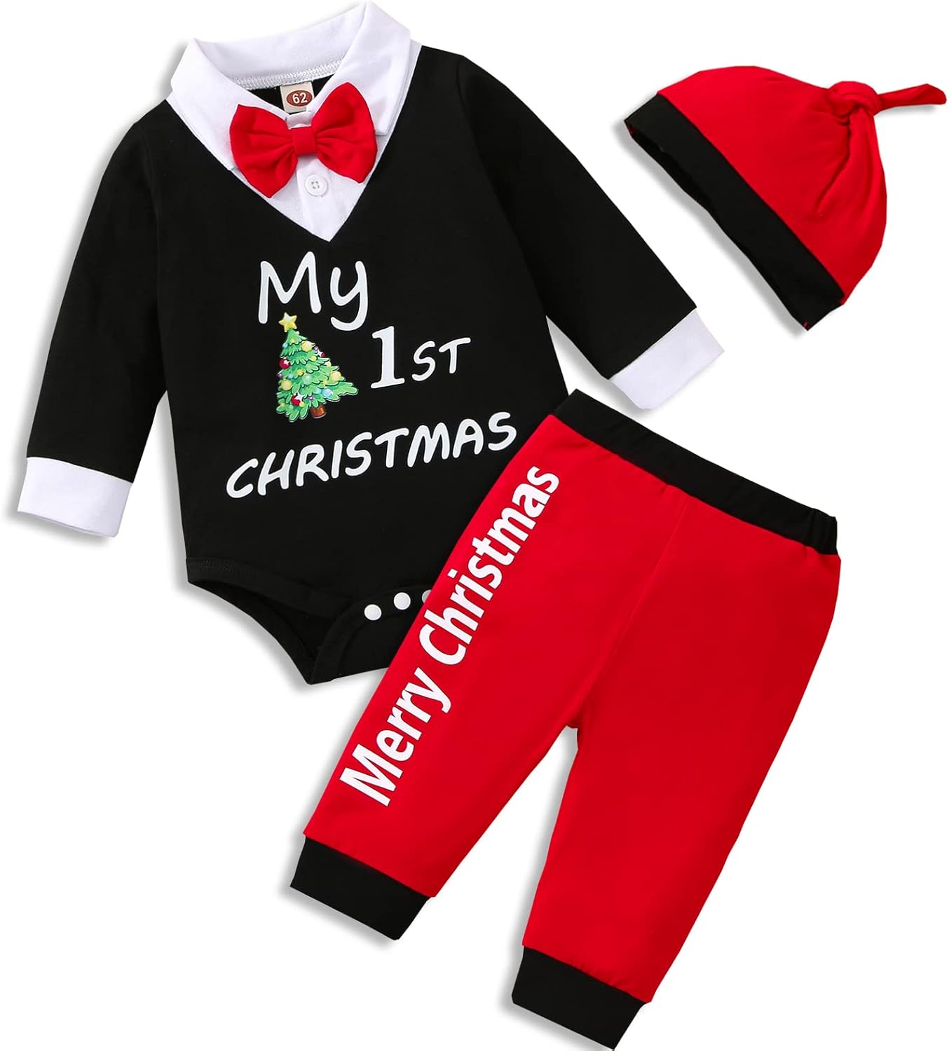VINUOKER Infant Baby First Christmas Outfit Xmas Santa Baby Jumpsuit Romper 3pc Cotton Outfit Set