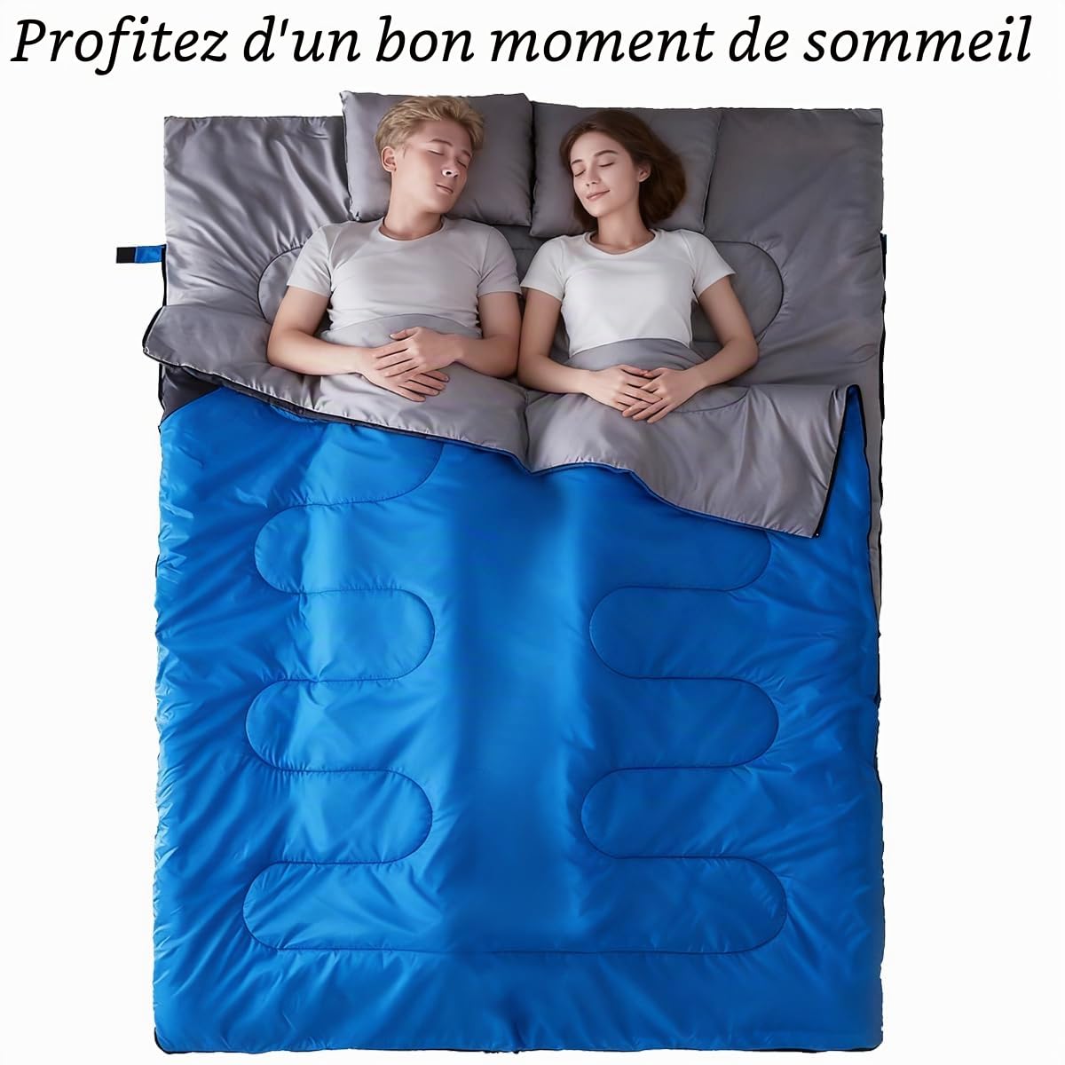 Sac de Couchage – Sac de Couchage 3 à 4 Saisons pour Adultes, Enfants, Filles, garçons, pour randonnée, Temps Froid et Chaud, léger (Bleu Gris, Double 220 x 150 cm)