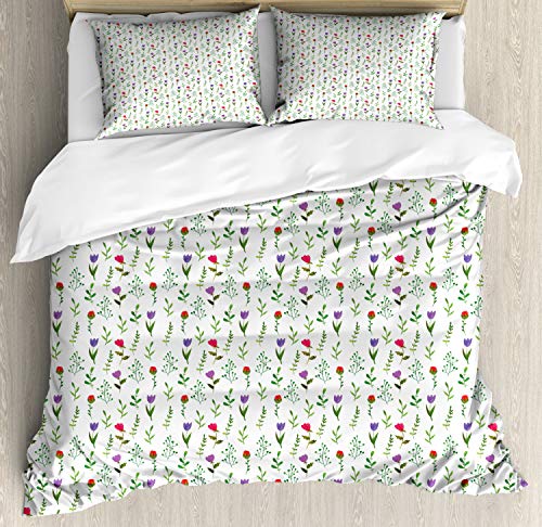 Ambesonne Floral Duvet Cover Set, Watercolor Tulips Berries Twigs Buds