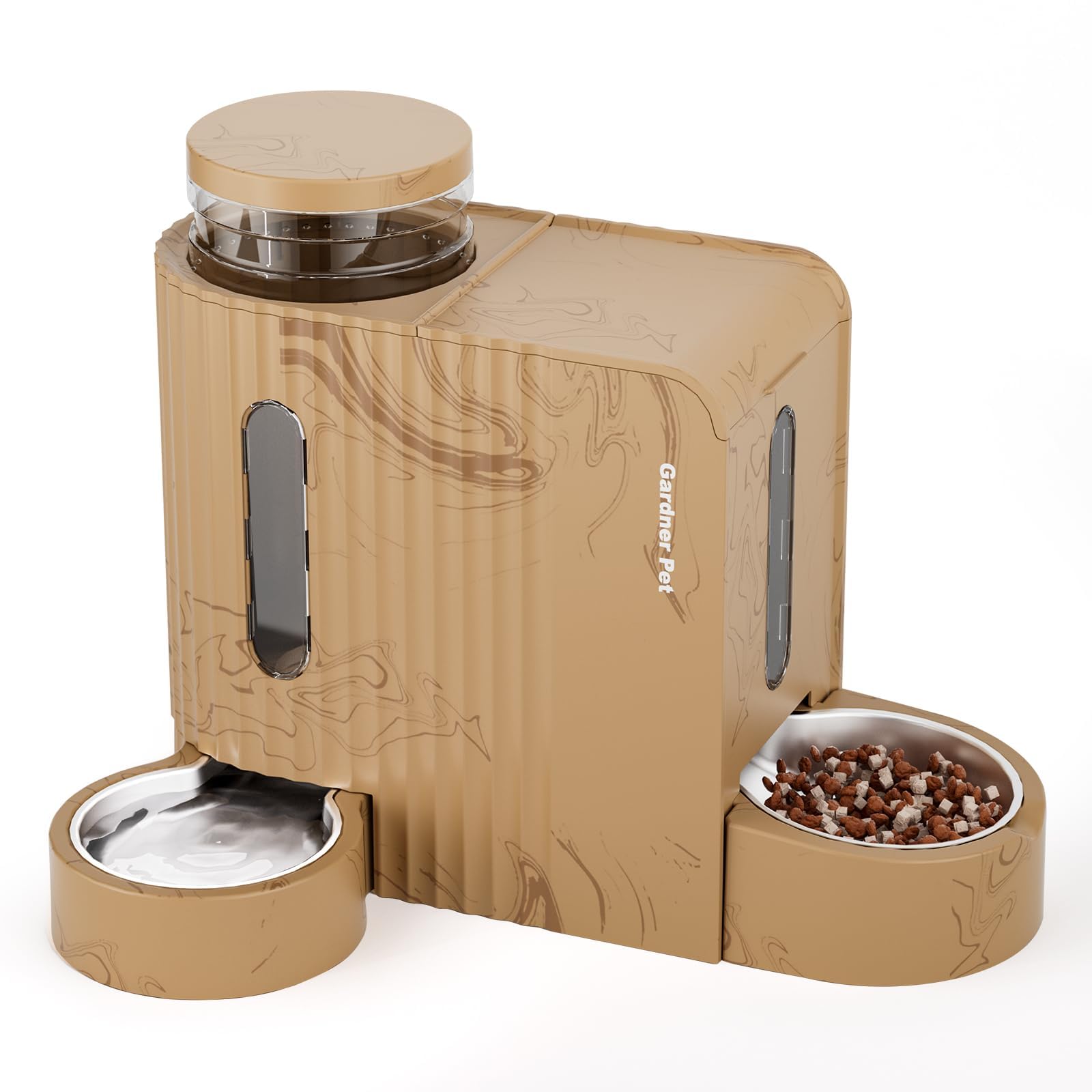Gardner Pet 2 in 1 Distributore Automatico Cibo e Acqua Gatti (3L*2), Distributore Automatico Cibo Gatti con Ciotola in Acciaio Inox, GravitÀ Dispenser Crocchette Gatto, Senza BPA, Grana legno Chiaro