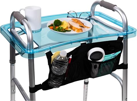 StrongArm Clear View Walker Tray + Bag + Non-Slip Mat & Cup Holder, Tray for Folding Walkers, Food Tray, Walker Accessories, Tray Table for Standard Adult Walkers Blue