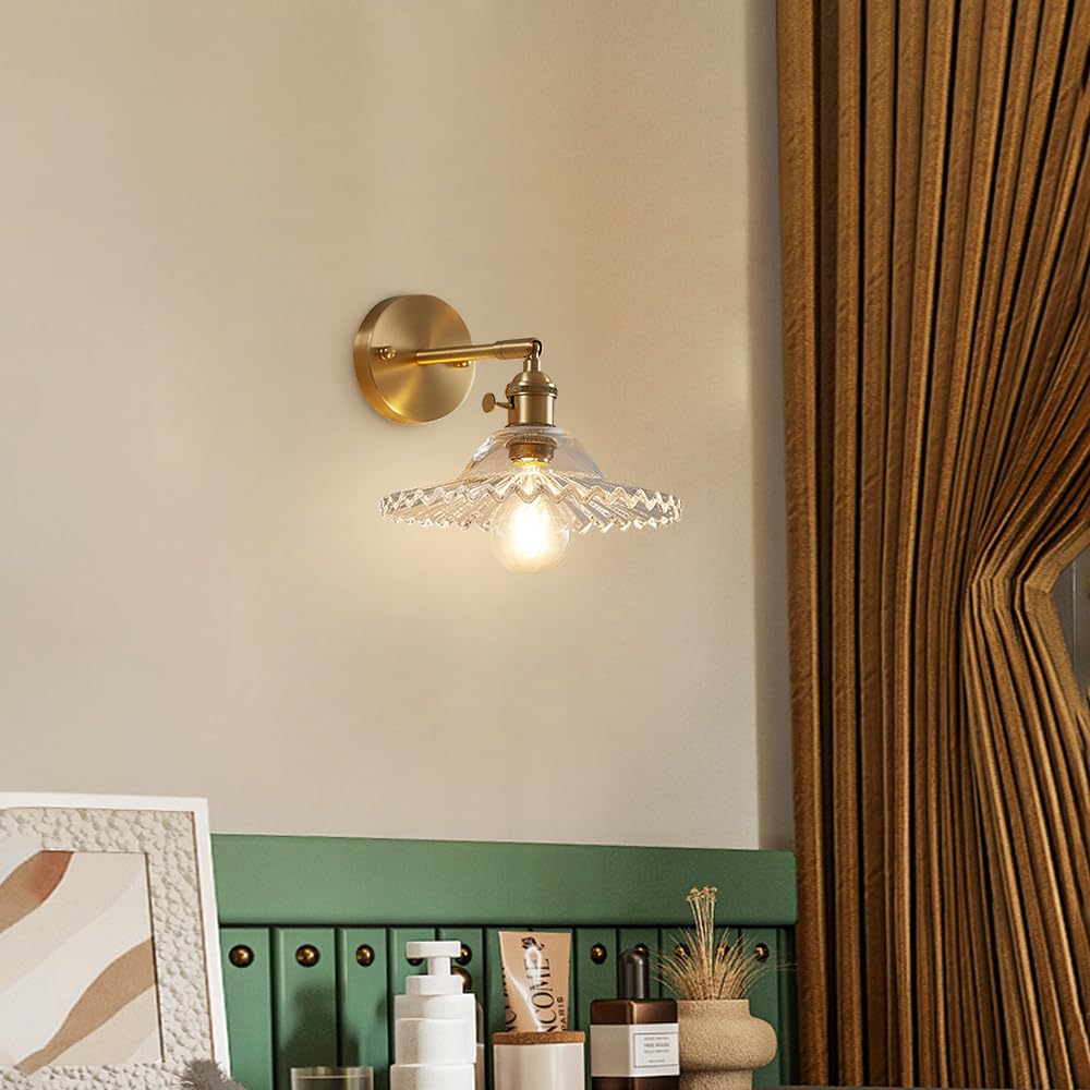 Applique da Parete Vintage con Paralume in Vetro, Applique in Ottone Regolabili a 90 Gradi, apparecchio di Illuminazione da Parete Moderno cablato con Interruttore per Comodino, Camera da Letto,