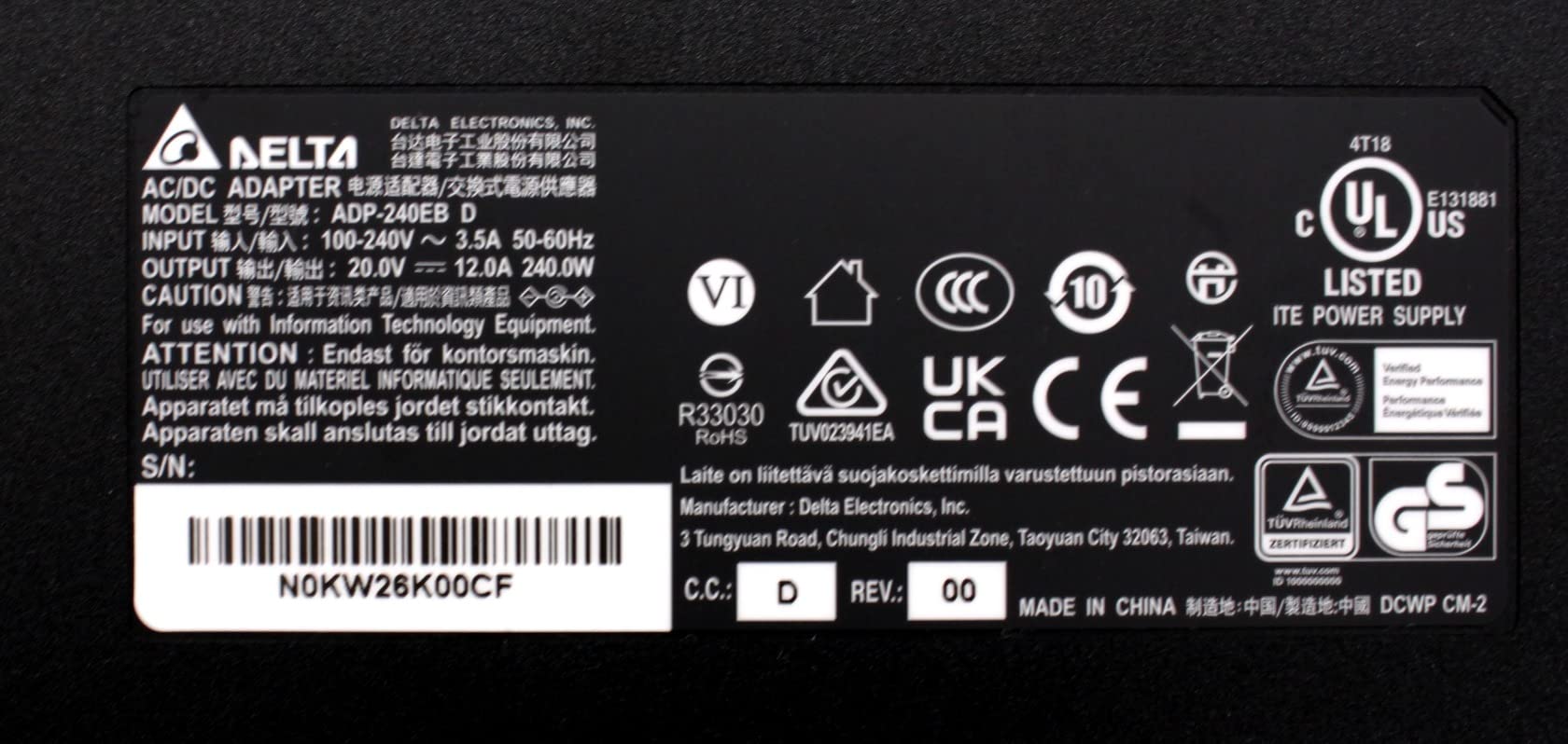 NUOVO LAPTOP ADATTATORE PER DELL PA9E 19,5 V 12,3 A 240 W GENUINE ORIGINALE PA-9E NOTEBOOK BATTERIA CARICARE POWER SUPPLY