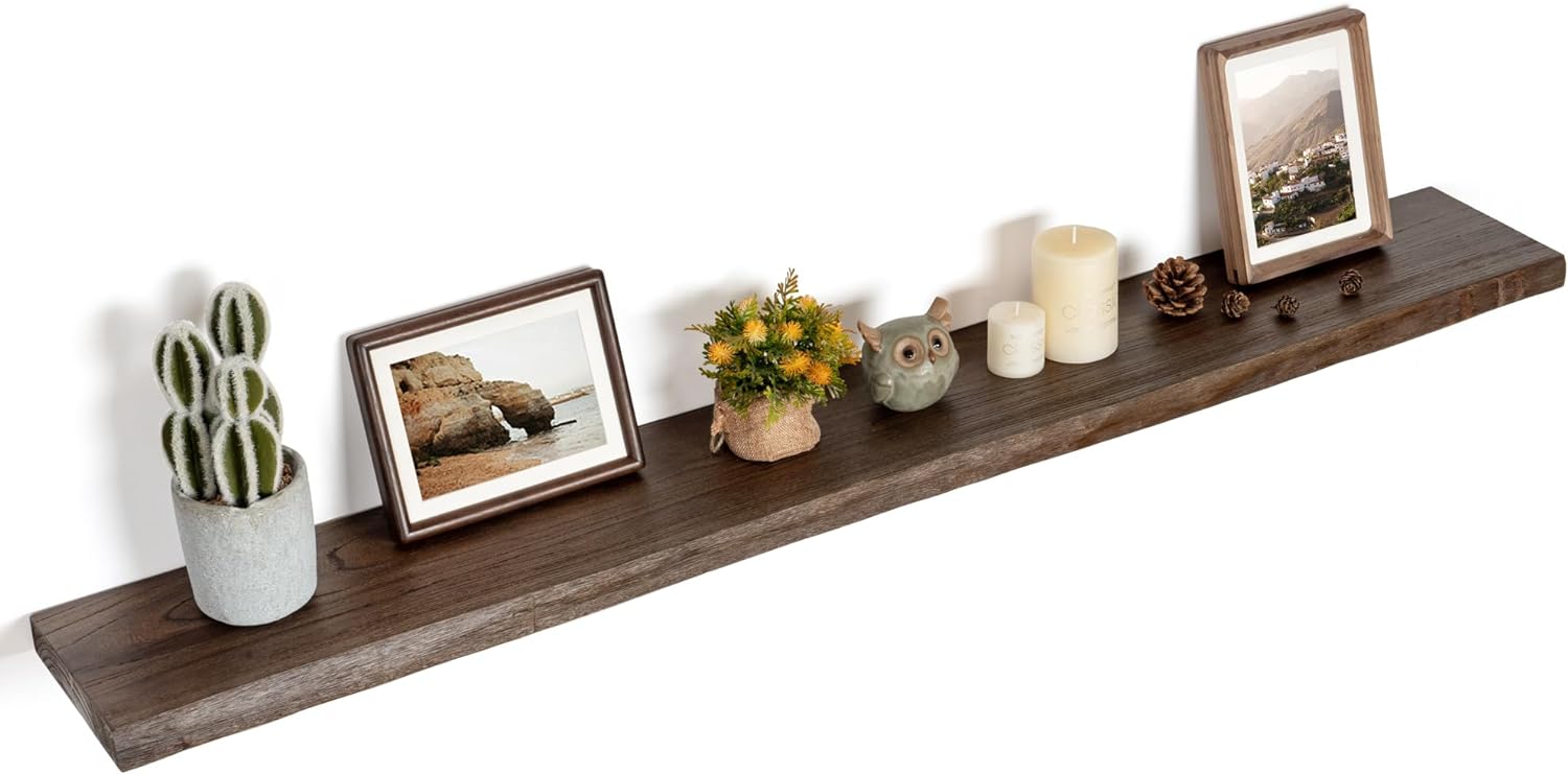 Floating Shelves for Wall Decor, Rustic Solid Elm Wood Live Edge Floating Shelves Wall Mounted, Wall Shelves with Invisible Bracket for Living Room Bathroom Bedroom Kitchen, 55 Inch, Walnut Live Edge, 55inch, 1Pack Walnut