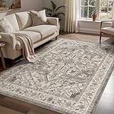 WITSHOCK Living Room Area Rugs 5x7: Washable Rug Boho Soft Non-Slip Low Pile Stain Resistant Foldable Carpet for Bedroom Playroom Dining Room Office Kitchen Farmhouse Home Decor Rug-Brown/Lvory