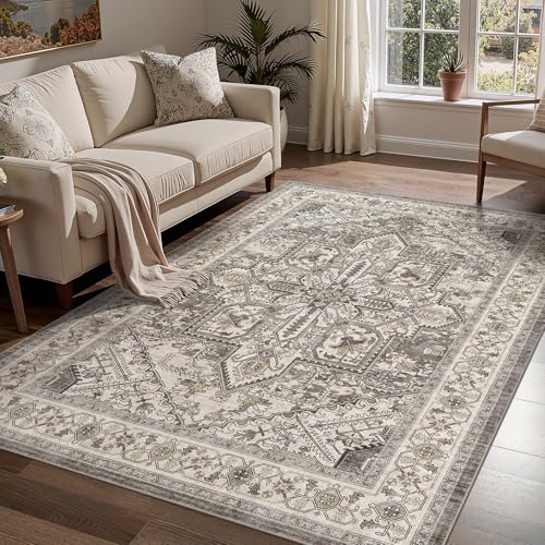 WITSHOCK Living Room Area Rugs 5x7: Washable Rug Boho Soft Non-Slip Low Pile Stain Resistant Foldable Carpet for Bedroom Playroom Dining Room Office Kitchen Farmhouse Home Decor Rug-Brown/Lvory