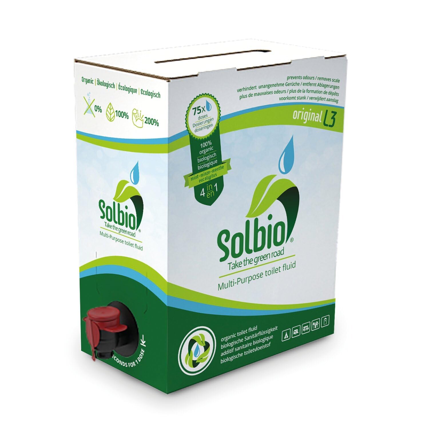 Solbio Líquido sanitario original para inodoro de camping, 3 l, 100% orgánico y vegano, aditivo sanitario biodegradable con aroma a eucalipto, pino y menta