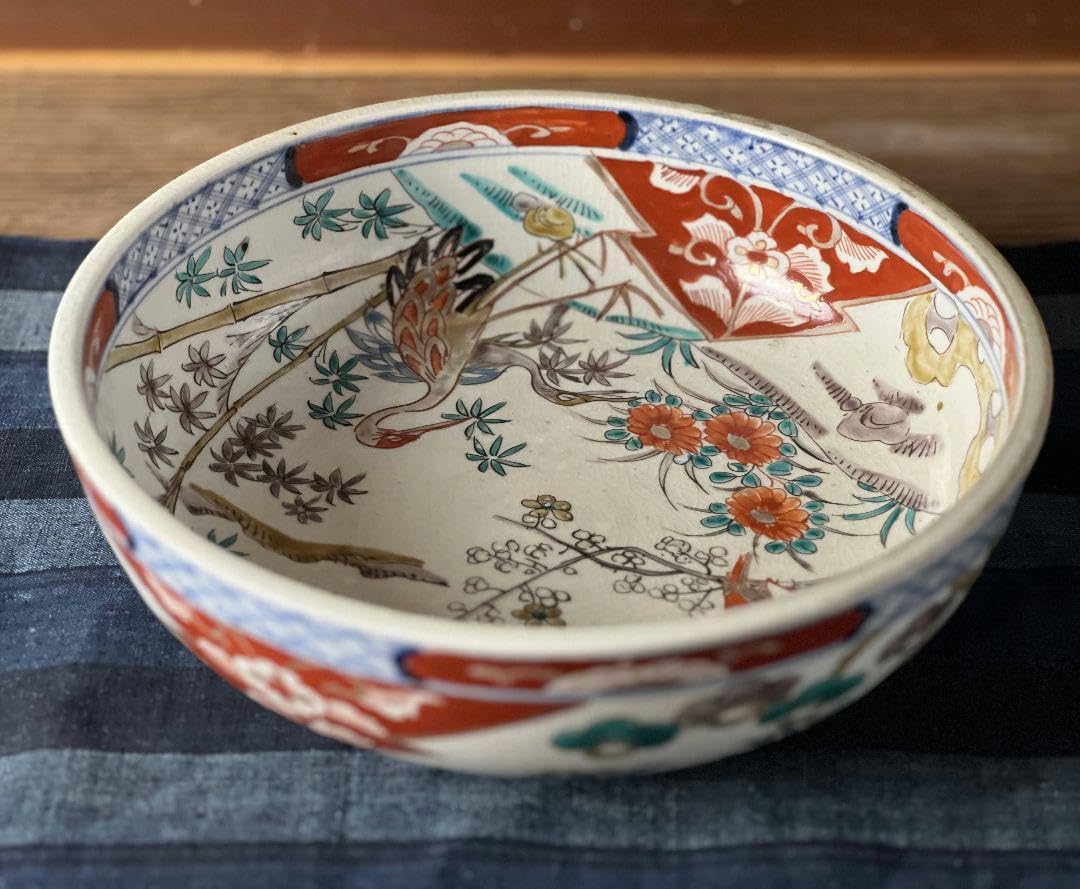 Amazon.co.jp: 古伊万里 色絵染付 花鳥画 二重高台 大鉢 深鉢 骨董品 