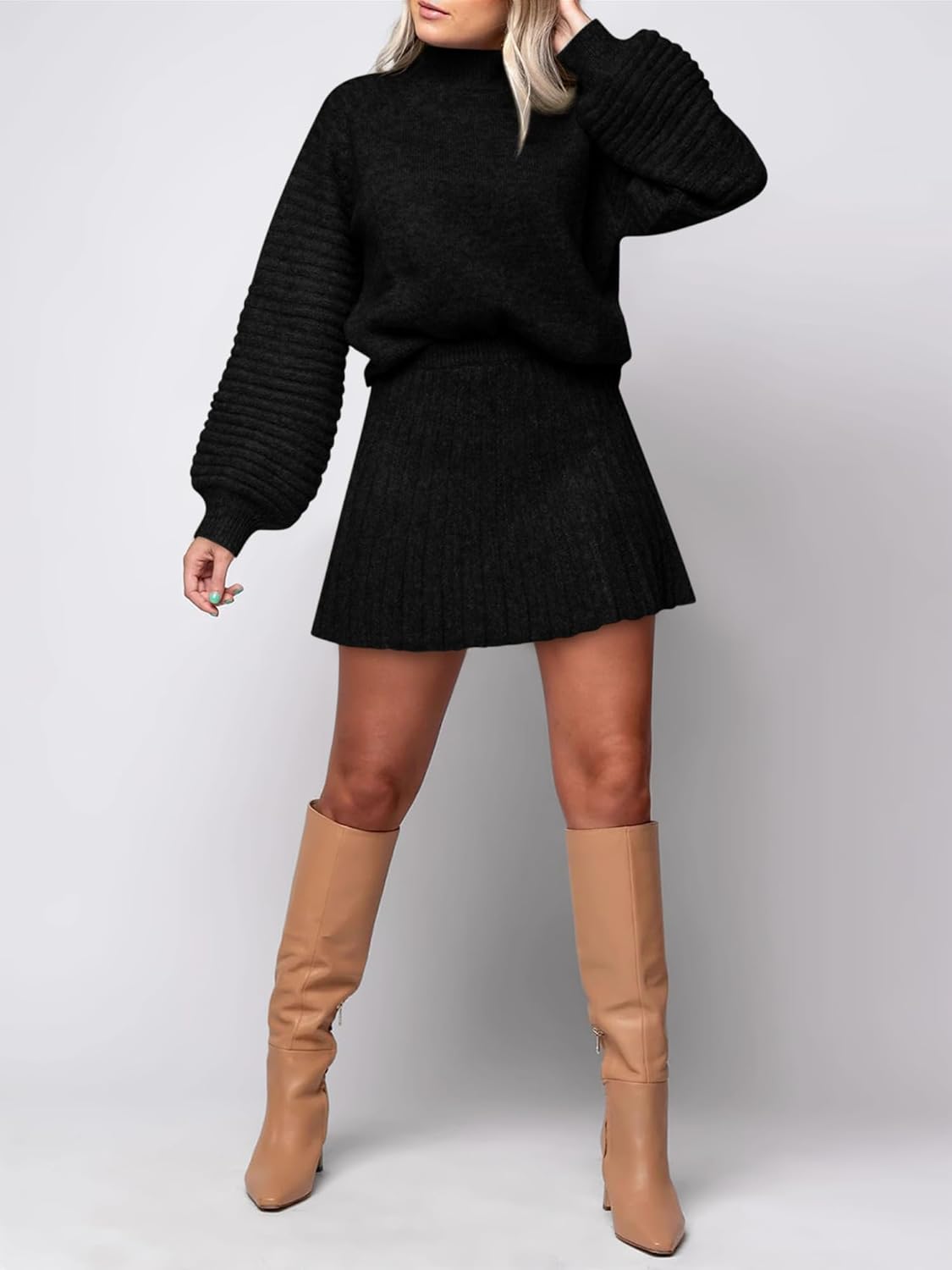 Womens 2 Piece Skirt Sets Fall Fashion 2025 Mock Neck Ribbed Knit Sweaters And Mini Skirt Two Piece Outfits - Image 2