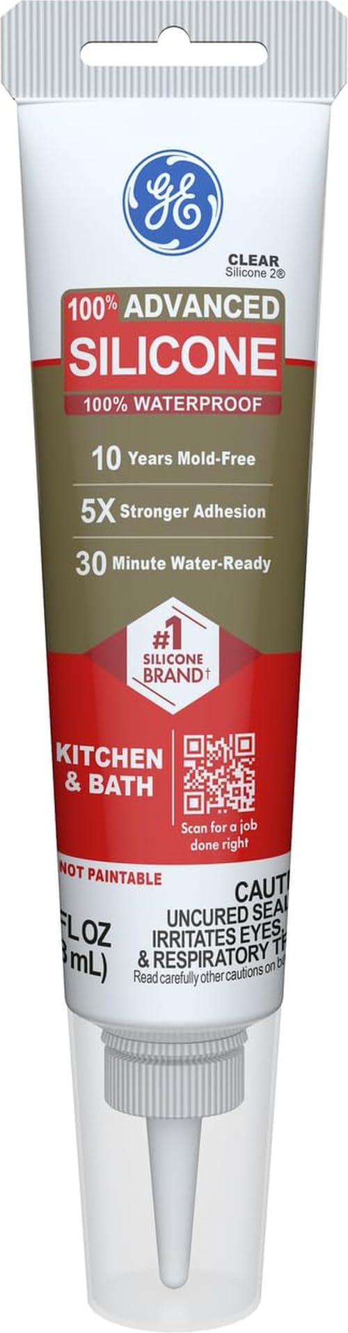 GE Advanced Silicone Caulk for Kitchen & Bathroom, Clear, 2.8 fl oz Tube, 1 Pack - 100% Waterproof Silicone Sealant, 5X Stronger Adhesion, Shrink & Crack Proof
