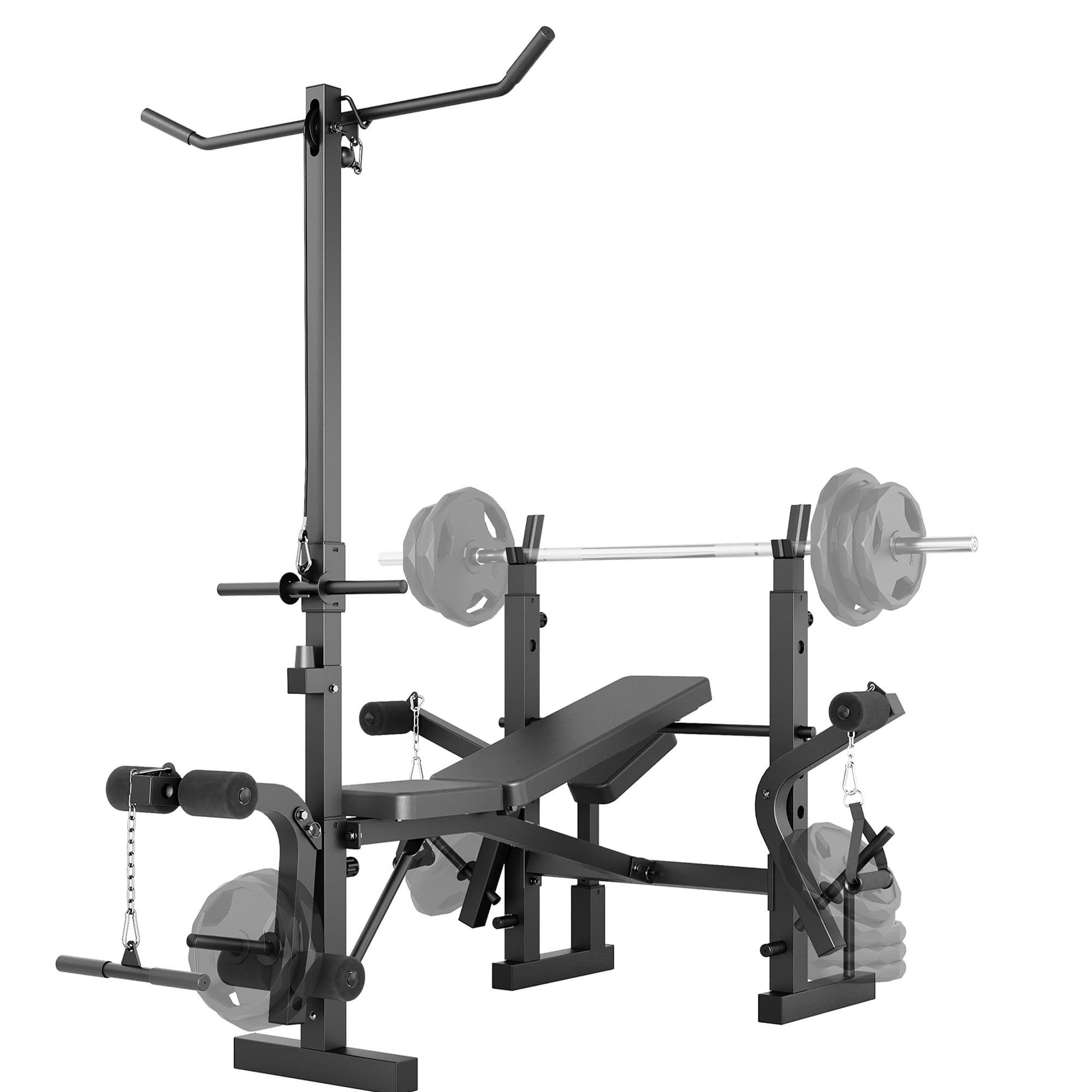Banco De Pesas Ajustable 4 En 1 Para Gimnasio En Casa - Con Rack Para Barra, Extensión De Piernas, Pad Rizo Predicador y Articulación Mariposa - Plegable y Soporta 900 Lb Para Entrenamiento Completo