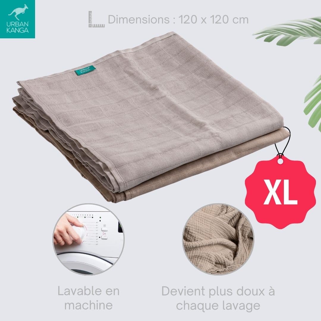 Urban Kanga Langes Bébé Mousseline 120x120 cm Pack de 2 | Certifié Oeko-Tex, doux et respirant
