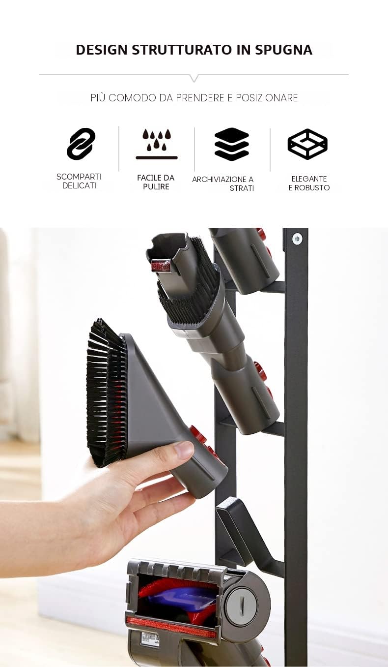 MORANGO Organizzatore Aspirapolvere Dyson, Metallo, Compatibile con Dyson V15 V12 V11 V10 V8 V7 V6 - DC58/ DC59/ DC62/ DC74. Supporto per il Pavimento, senza Forare la Parete. Staffa Verticale.