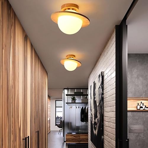 Miniatura 4 de Lámpara de techo de cristal moderna de mediados de siglo, lámpara de techo semiempotrada de madera, lámpara de techo de globo de vidrio de leche